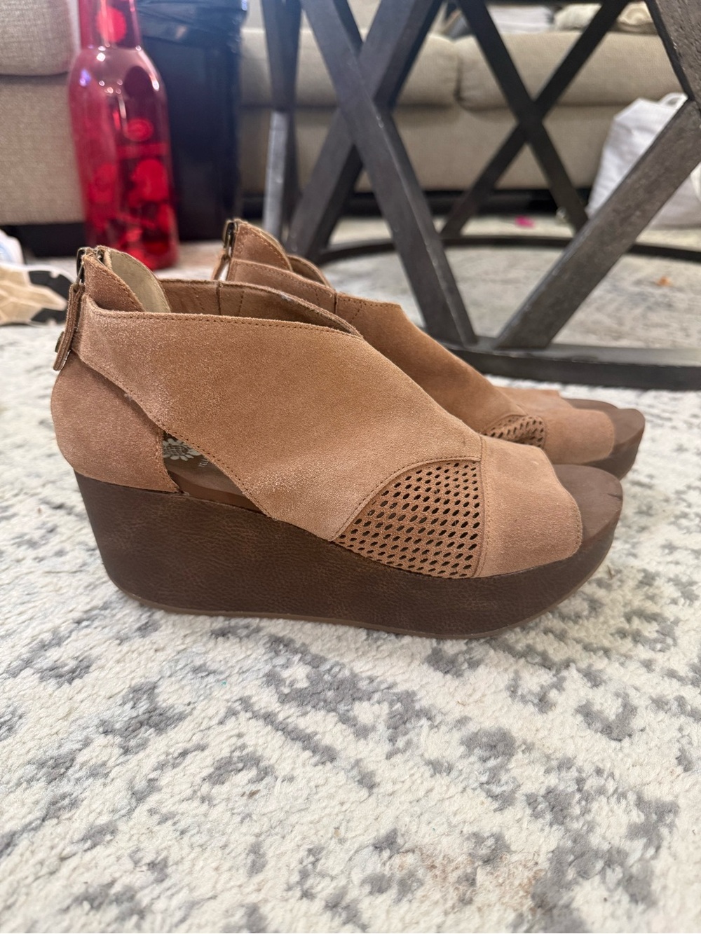 Yellow Box Tan Suede Peep-Toe Wedge Sandals